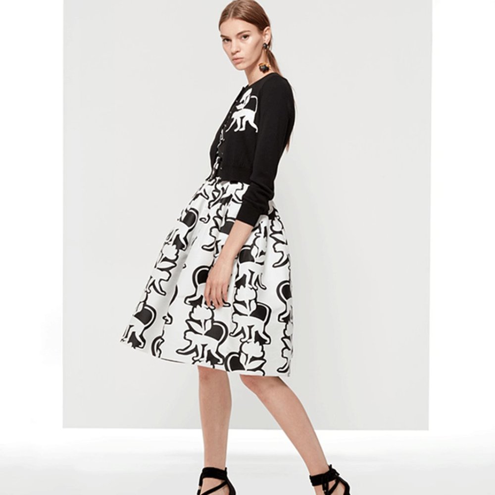 $3,900 OSCAR DE LA RENTA GORGEOUS WHT BLACK MONKEY SILK LINED DAY DRESS US 10